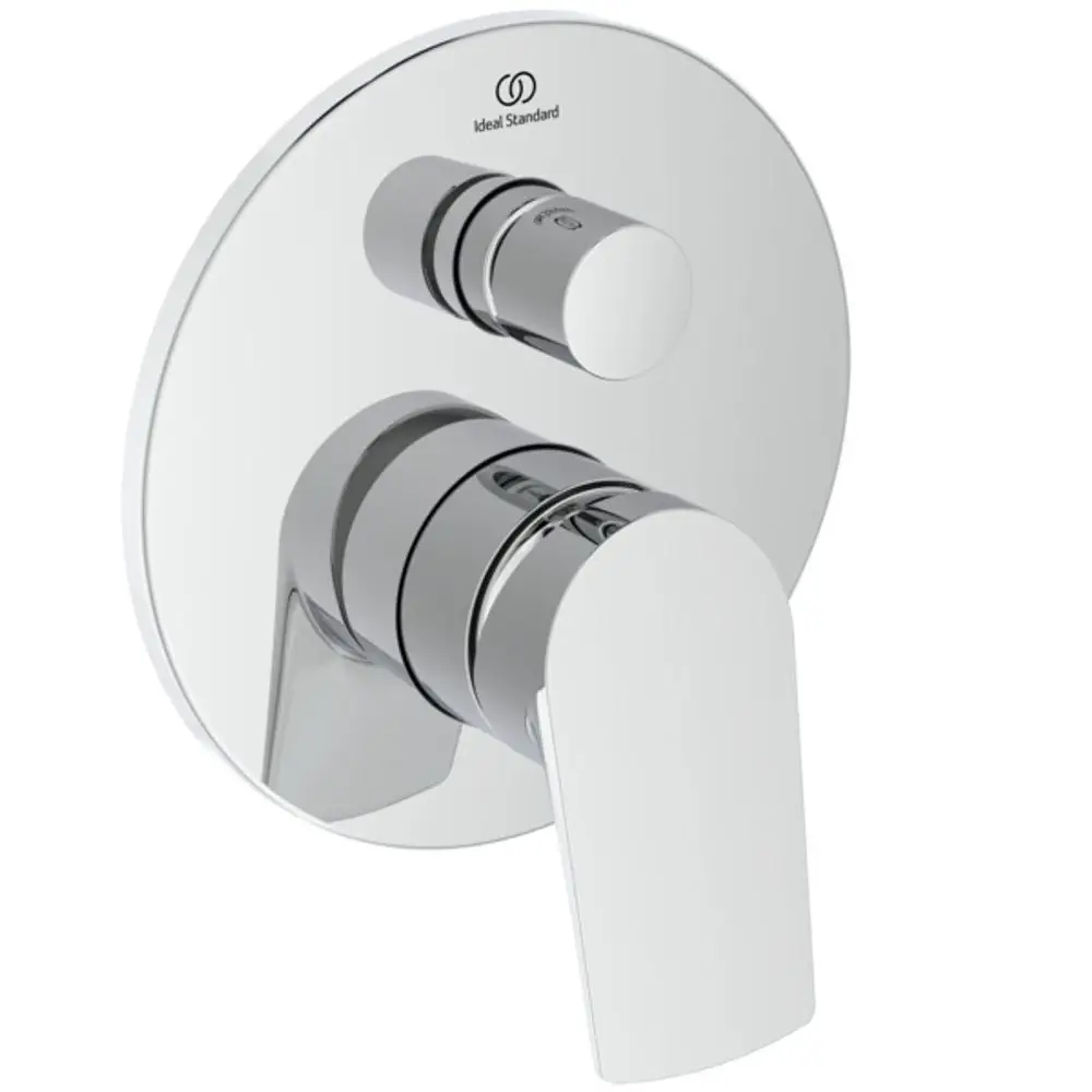 Chromene Badearmatur von Ideal Standard mit runder Plattenmontage und zwei Reglern für Temperatur und Wasserfluss, geeignet für moderne Badezimmerinstallationen.
